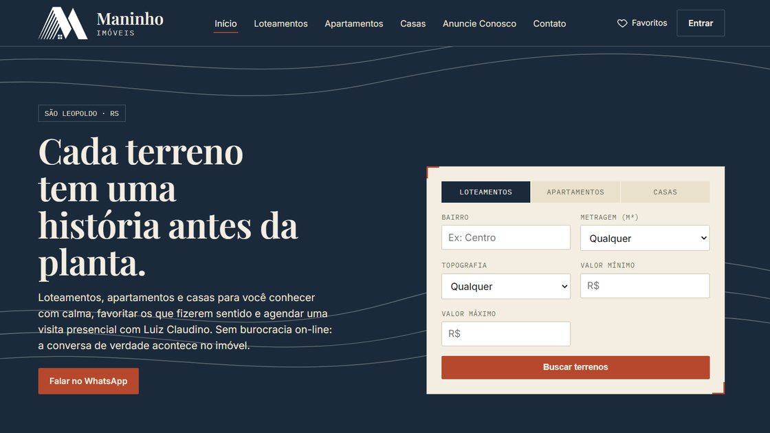 Página inicial do site da Maninho Imóveis feito pela PRISMA